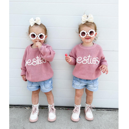 “Besties” Toddler Baby Girls Knit Sweater Long Sleeve Letter Embroidery Pullover Knitwear