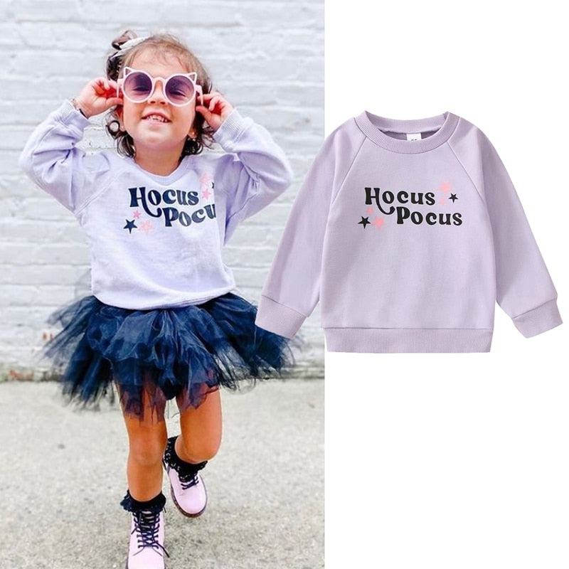 "Hocus Pocus" Toddler Girls Sweatshirt Letter Star Print Long Sleeve Crew Neck Design Halloween Tops